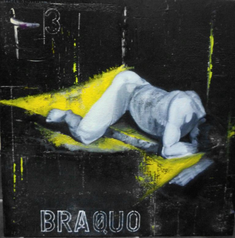 titre :" Braquo level 3 " huile sur toile, fond acrylique. 80*80cm  
