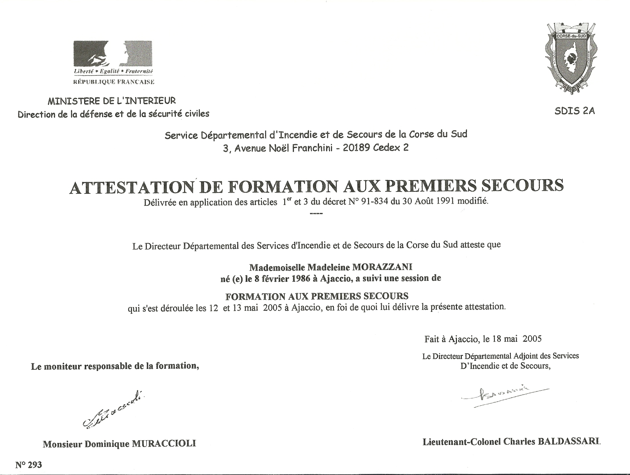 Attestation Premiers Secours