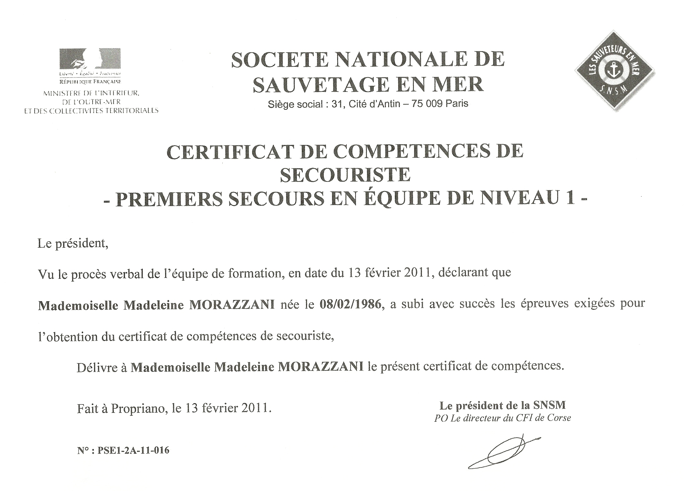 Certificat de Secourisme