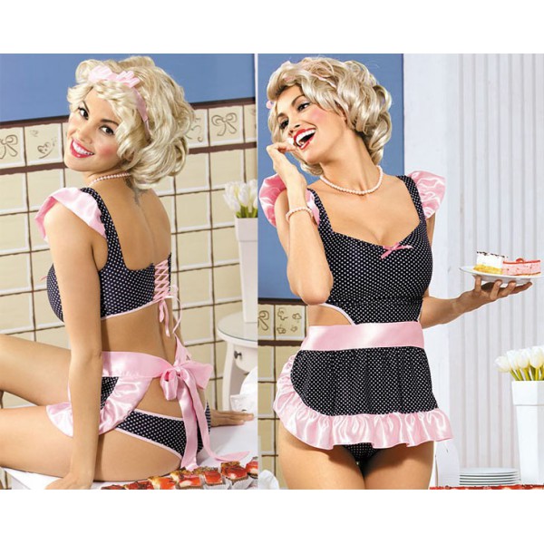 REF 140
Costume Cutie par Obsessive
Marque : Lingerie Obsessive
Collection : Pin Up
Tenue complète de cuisinière coquine en tissus noir elastique a pois blancs, ornée de volants roses en satin. Laçage rose en satin à l'arrière
Livré avec sa culotte assortie et son serre tête rose en satin
90% polyamide, 10% elasthan
Disponible en 2 tailles : S-M et L-XL
PRIX 49 €