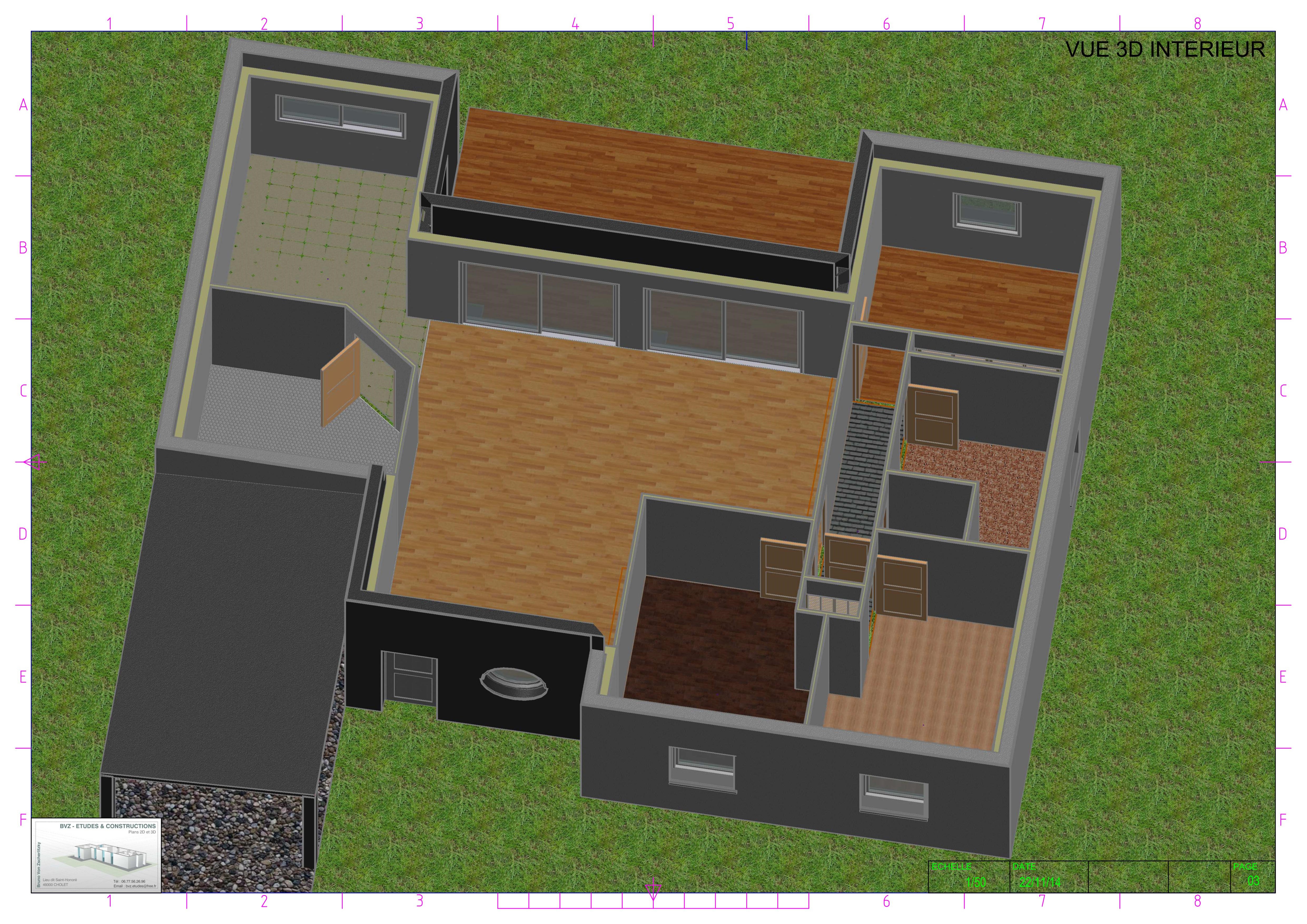 Vue aménagement intérieur en 3D.