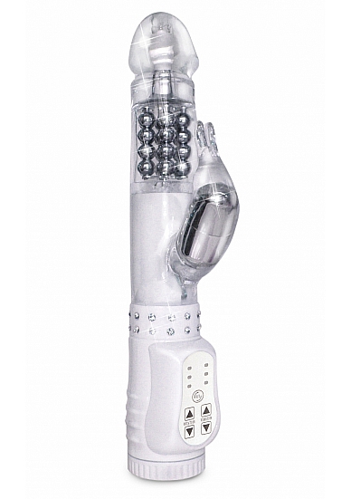 vibromasseur blanc orné de strass, doté d'un stimulateur clitoridien,et de bille qui viendront masser l'intérieur du vagin, très puissant