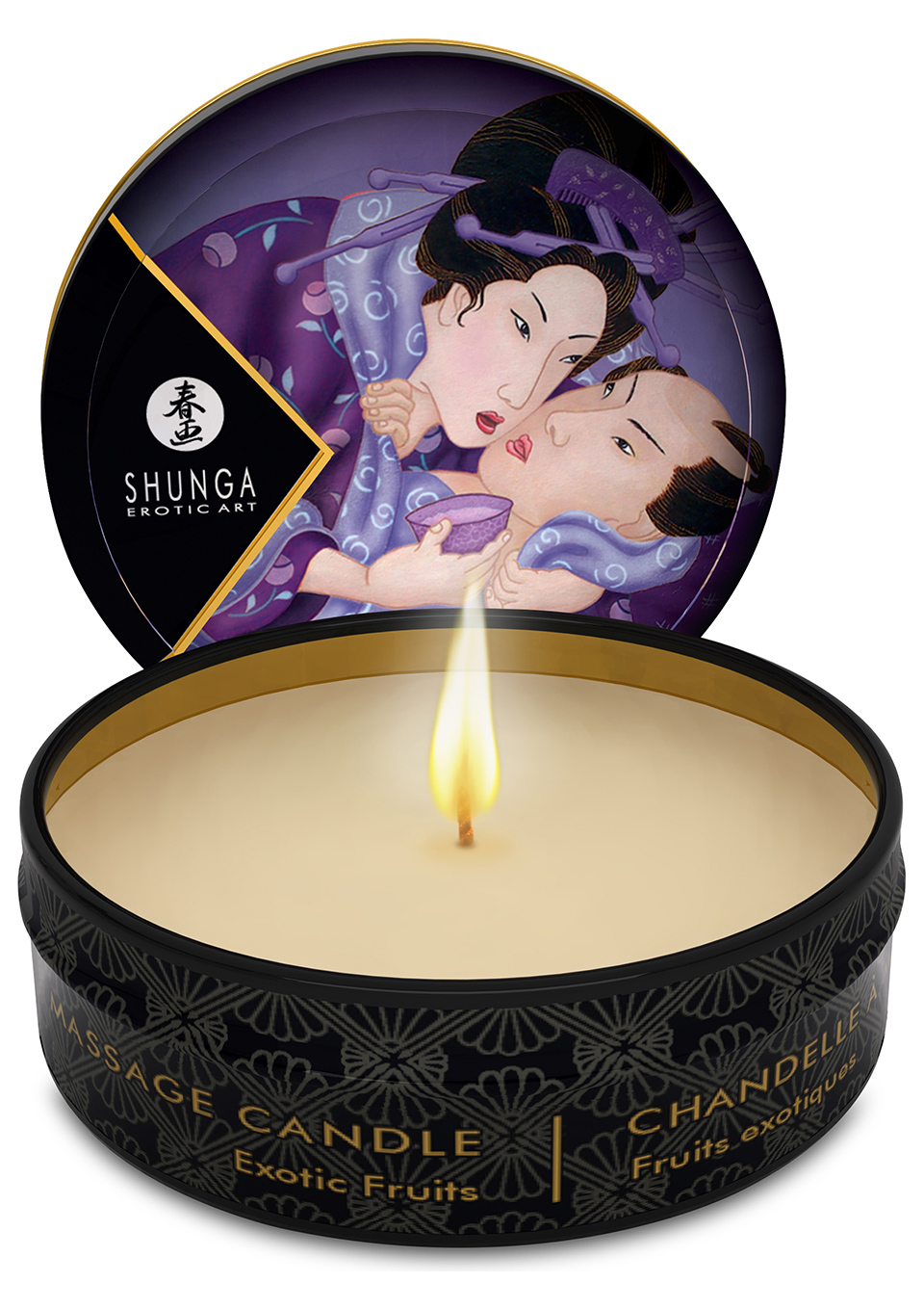 Faite d’huiles 100% naturelles. Produit une huile tiède au toucher. Rend la peau douce et soyeuse. N'obstrue pas les pores. Ce produit unique sert à la fois de chandelle pour créer une ambiance parfumée ainsi qu’une huile à massage. Allumez la bougie, attendez environ 5 minutes pour obtenir une quantité d’huile fondue suffisante pour un massage. Éteignez la flamme avant de verser l’huile dans la paume de la main. Appliquez sur tout le corps pour un massage sensuel.disponible vin pétillant fraise, fruits exotiques,pétale de rose,vanille, chocolat,thé vert