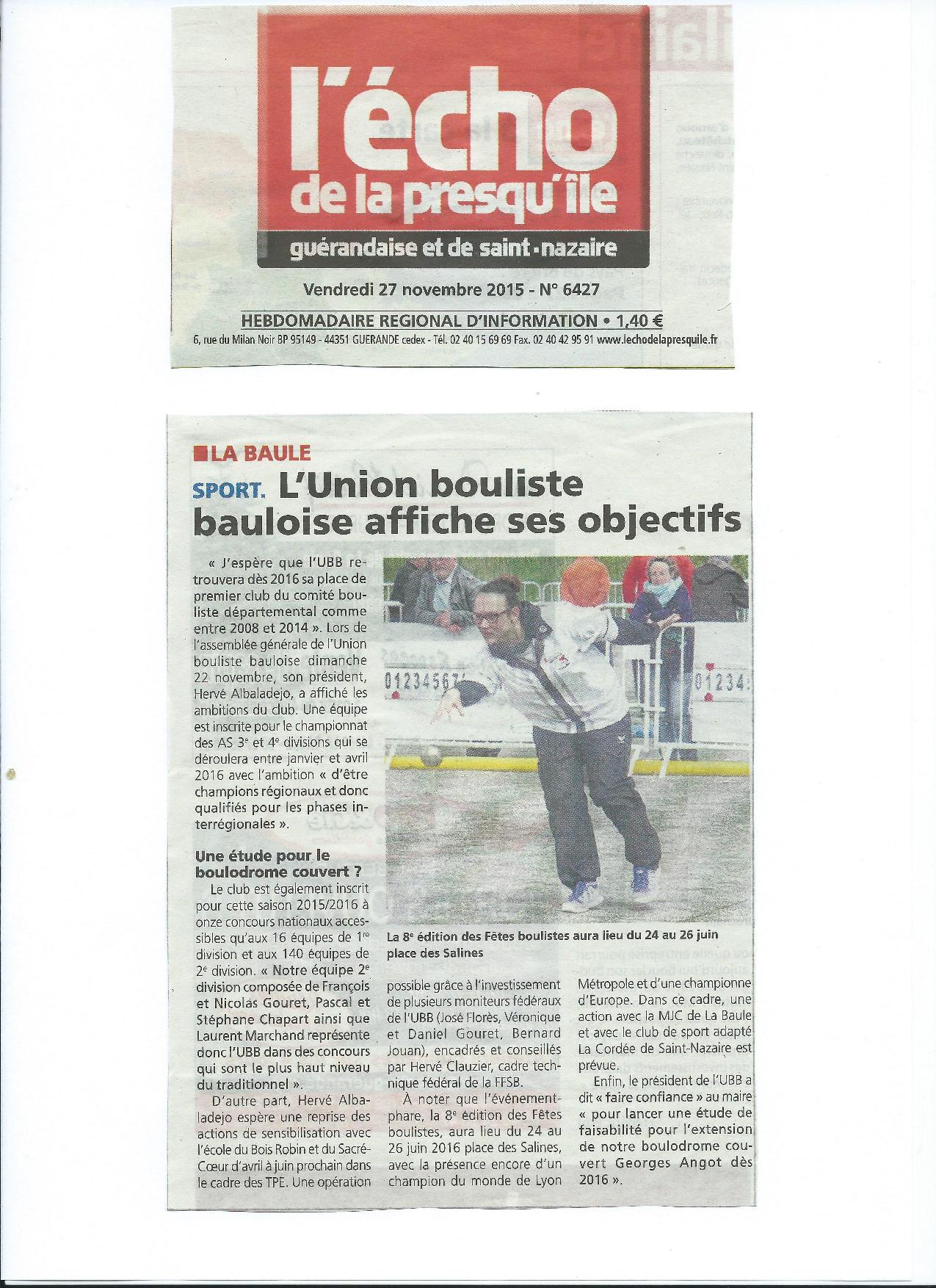 article de presse  de l écho de la presqu ile ( l A.G de l U.B.B. du 22-09-2015)