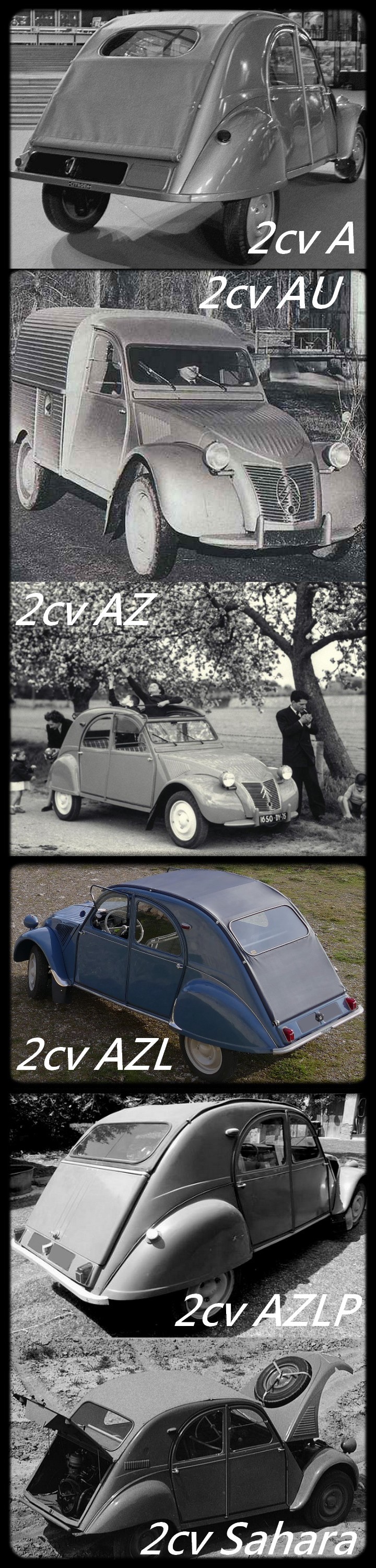 De la commercialisation en 1949 à 1960
toutes les 2CV arboreront un capot en tôle ondulée avec grande calandre. En 1959 naissance de la 2cv Bleu Glacier.
