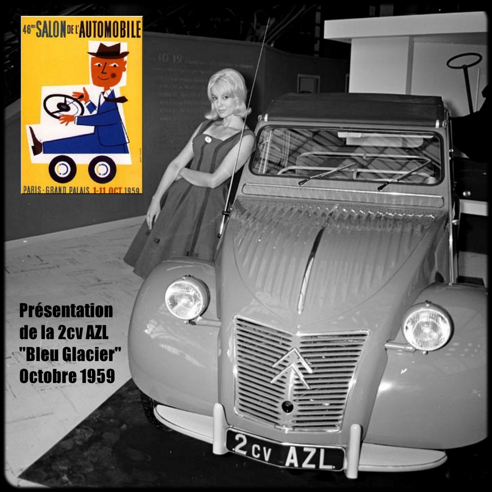 Le Grand Palais à Paris accueillera le Salon de l'automobile de 1901 à 1961. A noter l'antenne radio sur le flanc droit de cette 2cv azl pour le fonctionnement de la seule option disponible : le poste "Radioën". Cette option n'existera que sur ce millésime.