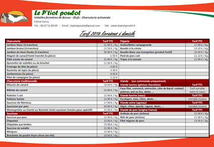 Tarif charcuterie, triperie, viande 2016