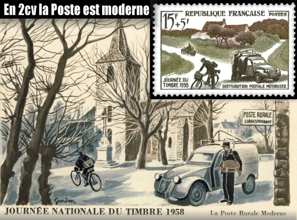 Carte postale 2CV pour La poste en 1958 © www.2cvazl.sitew.fr