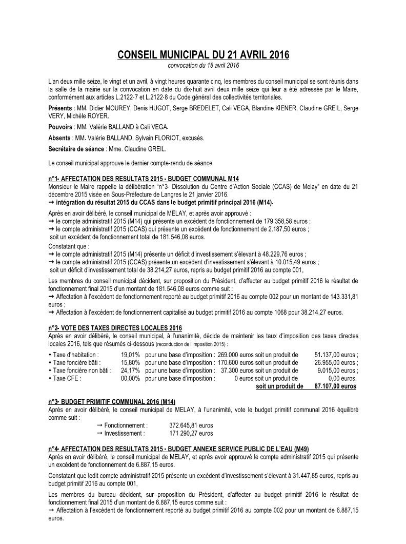 Conseil municipal du 21 avril 2016 Page 1