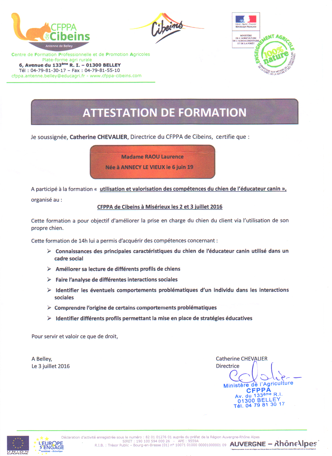 Attestation formation cornier ss