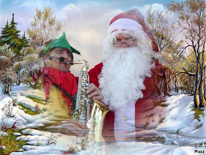 le père noël et son lutin le chanteur et saxophoniste, animation de rue, les troubadours de noël, les saltimbanques, animation déambulatoire de noël