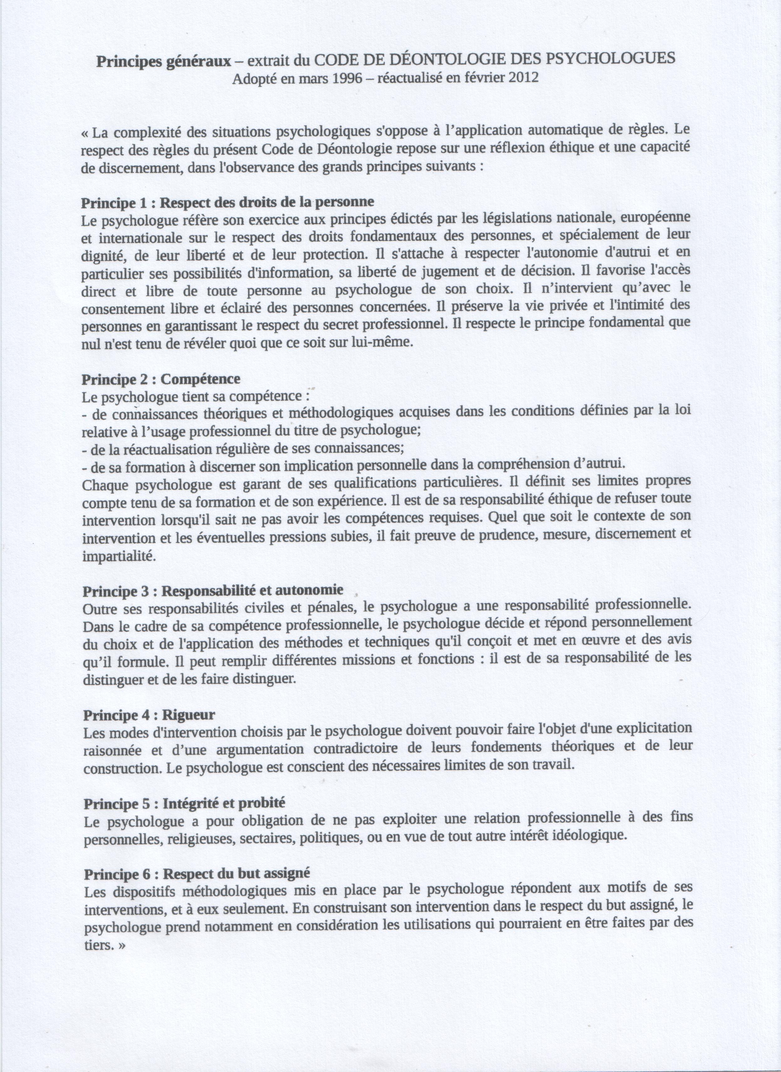 Code deonto principes generaux