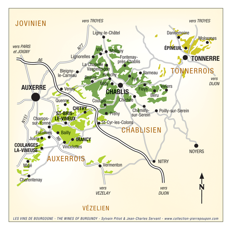 Carte des vignobles de chablis et de l yonne s pitiot et jc servant les vins de bourgogne