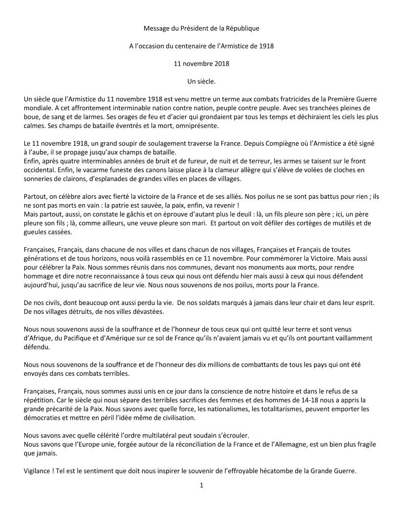 Message du President de la Republique Page 1