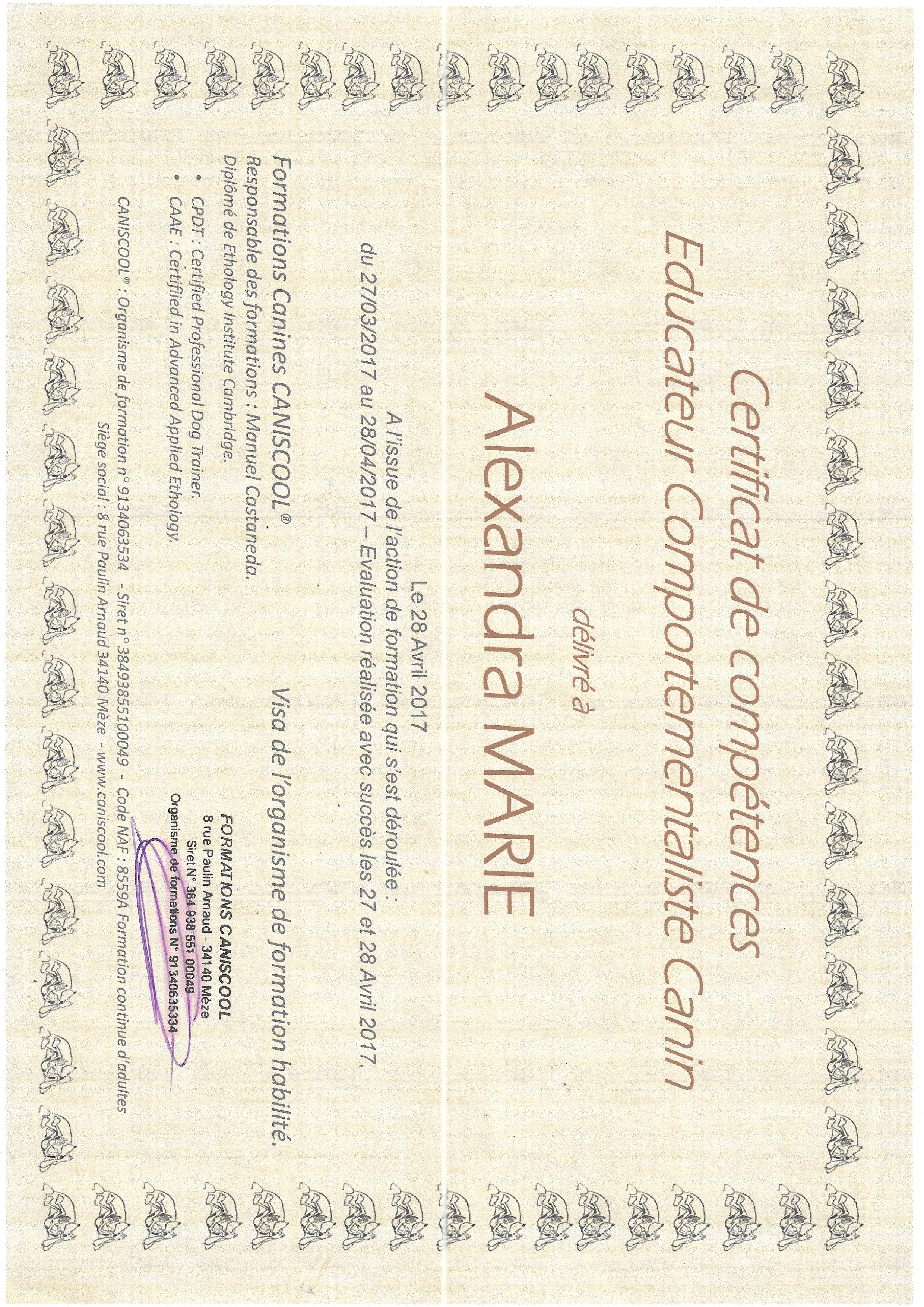 Formation Educateur Canin Comportementaliste suivie par Alexandra Marie
Caniscool