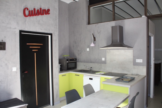 loft peinture béton  cuisine hotte vert pomme