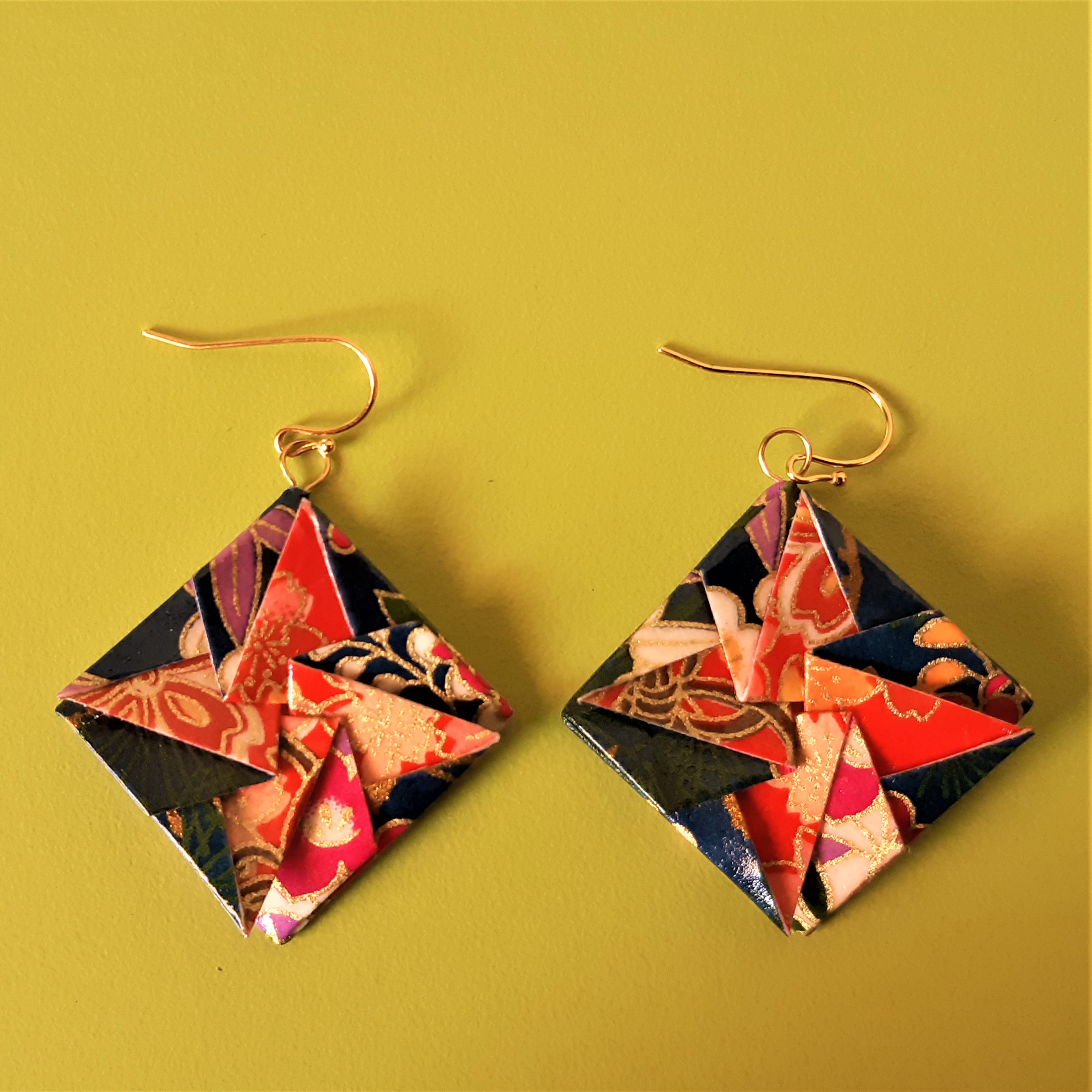 boucles d'oreille Menko, papier washi bleu et orange, 8€