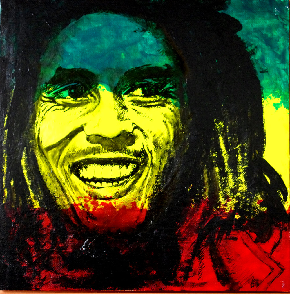 Portrait bob marley acrylique et encre 25 x 25 cm sw