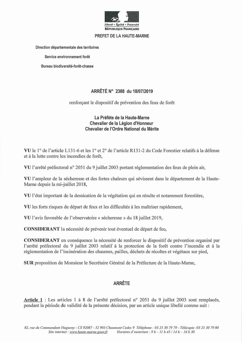 Arrete 2388 du 18 07 2019 renforcant le dispositif de prevention des feux de foret Page 1