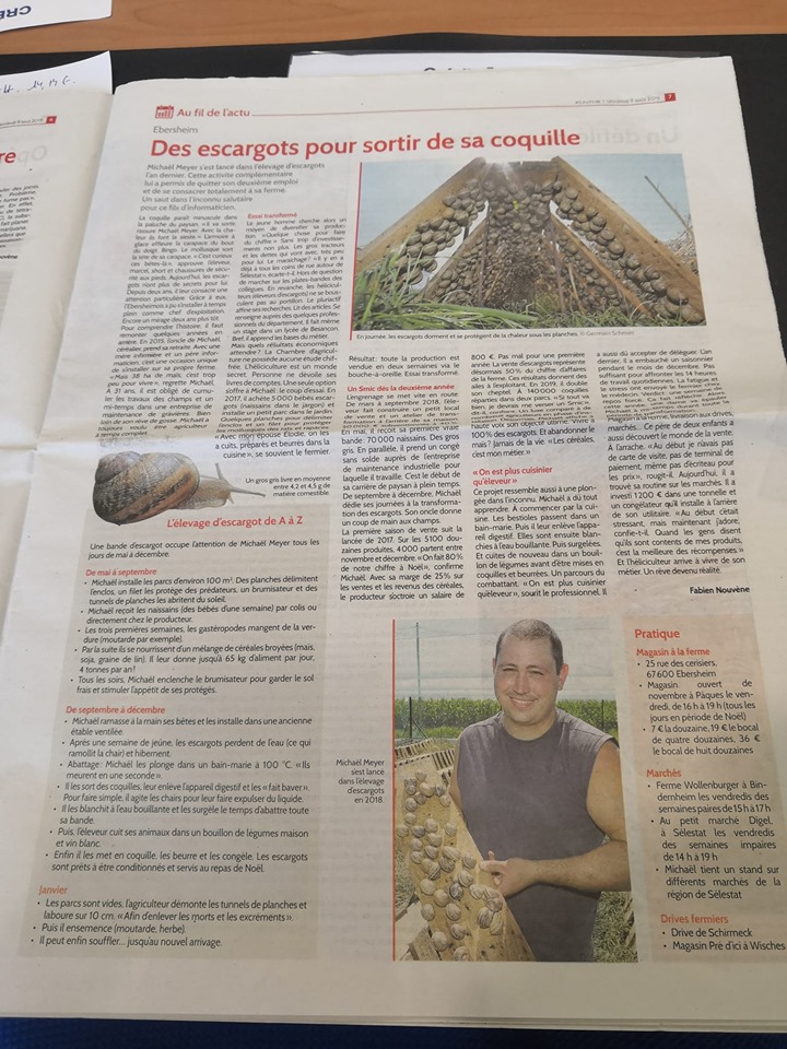 Article dans l'Est Agricole décrivant notre élevage d'escargots à Ebersheim, Bas-Rhin, Alsace