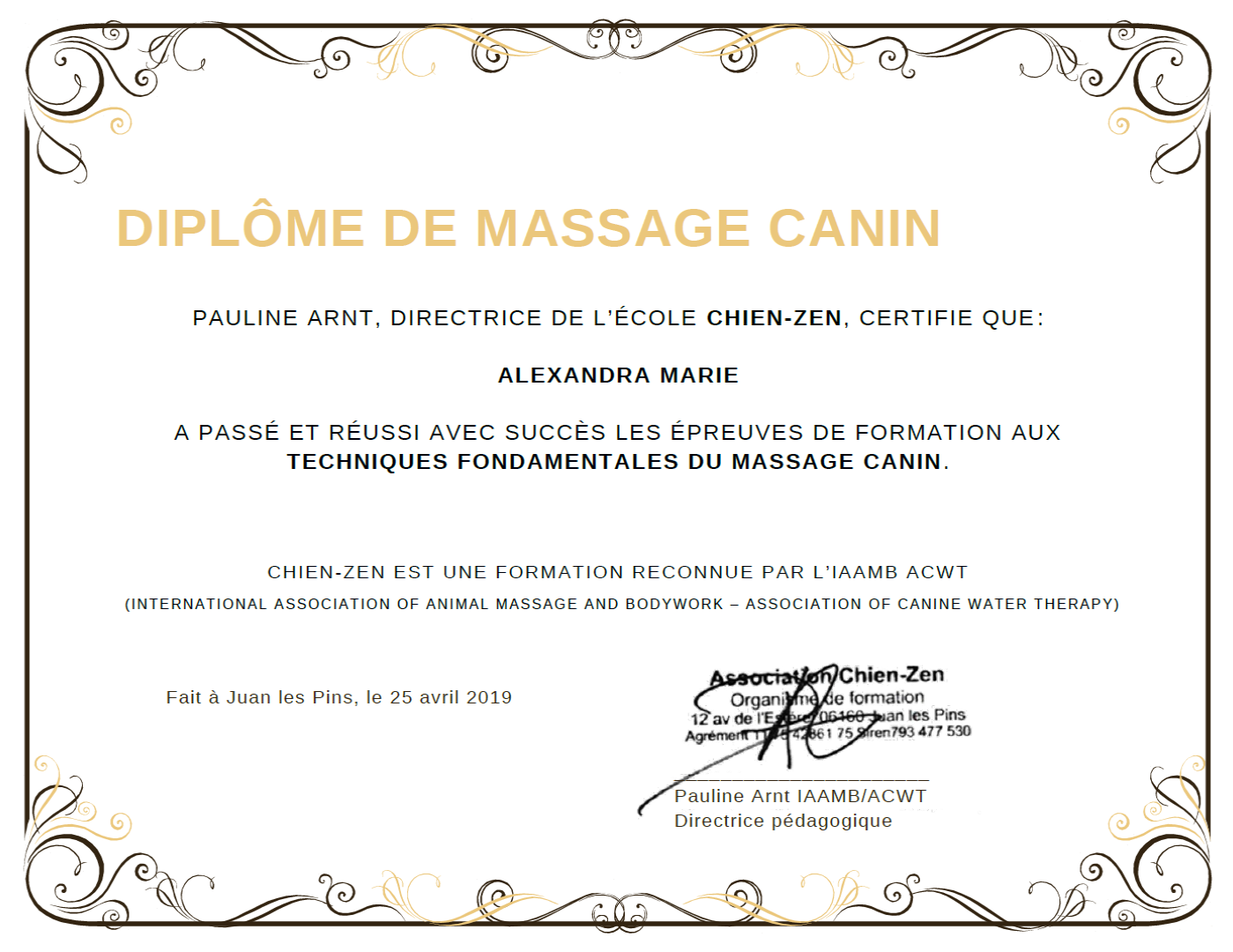 Diplôme massage canin Alexandra MARIE