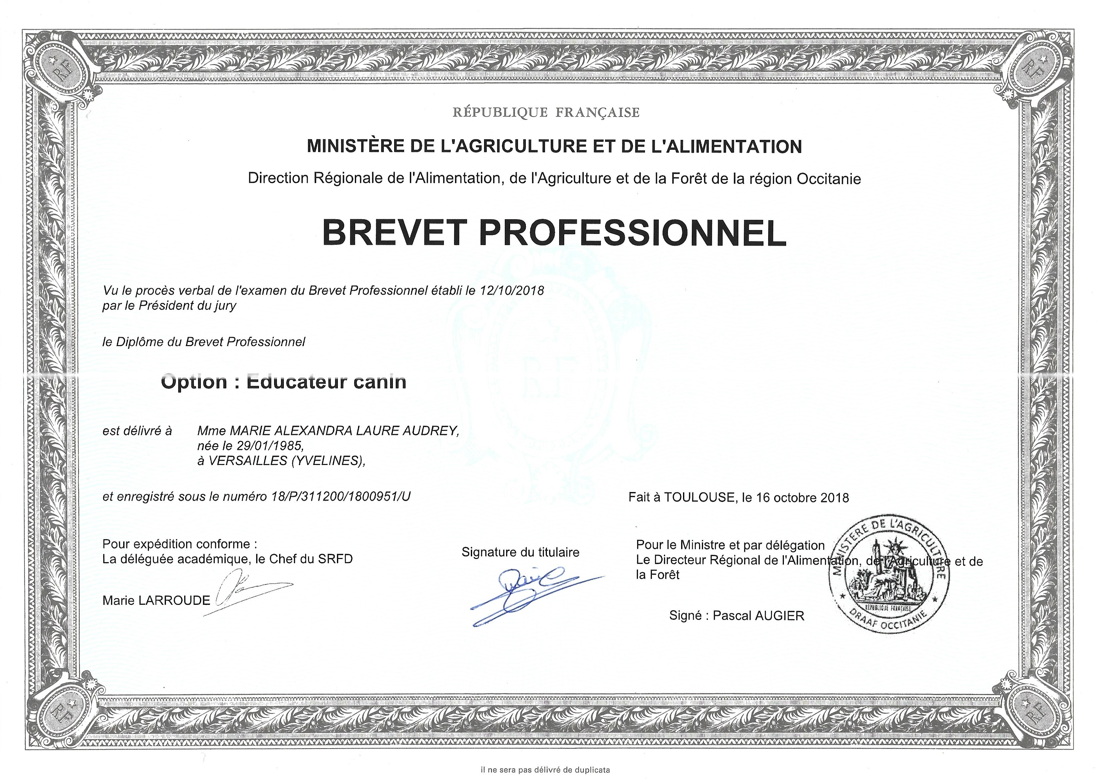 Brevet Professionnel éducateur canin Alexandra MARIE