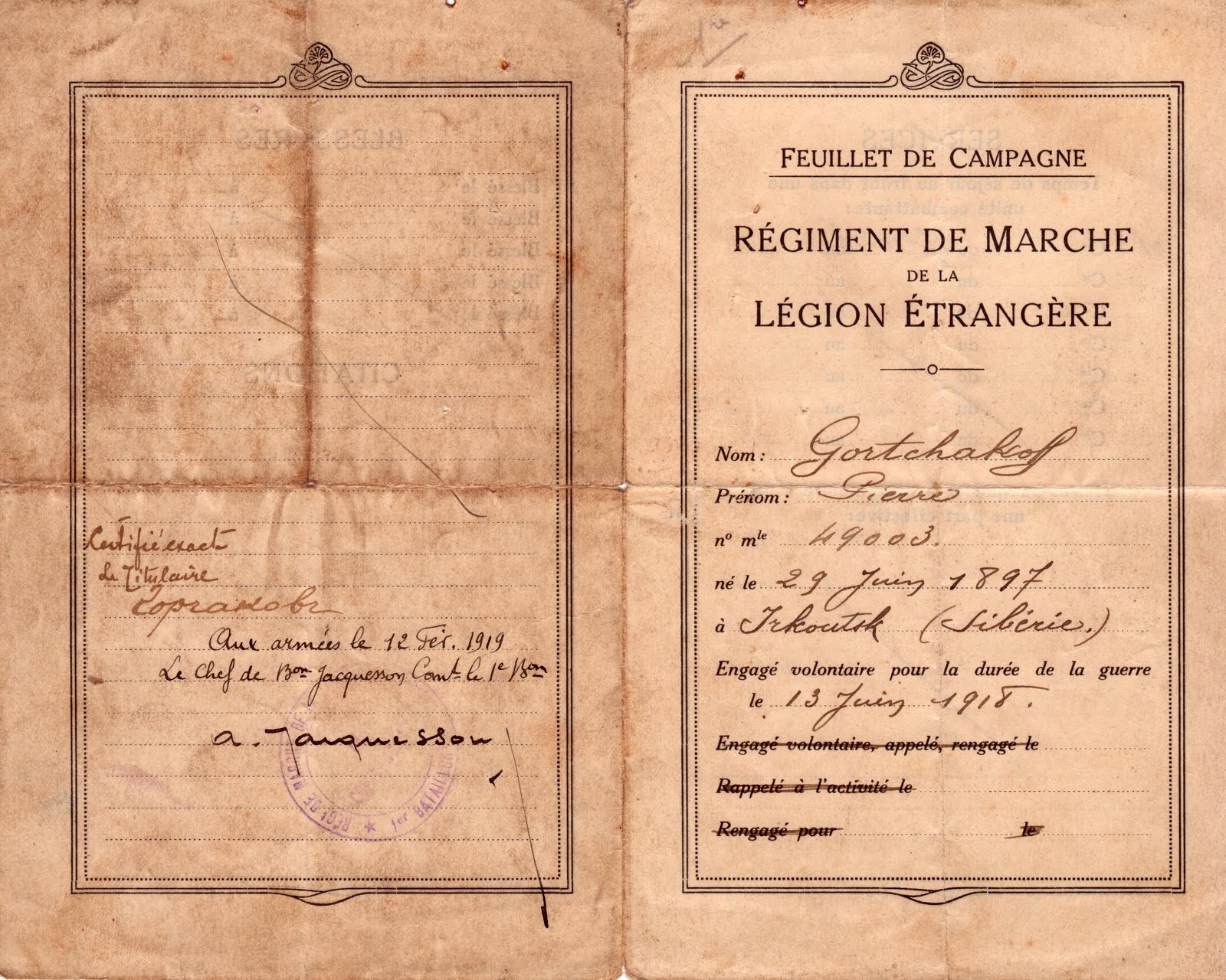 Pierre gortchakoff legion etrangere feuillet de campagne 3 