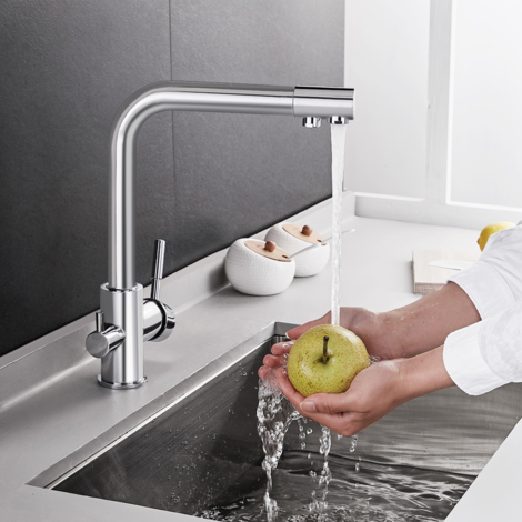 Robinet cuisine equipe la fonction de filtre mitigeur evier avec 3 voies de leau eau potable directe eau chaude et froide bec pivotant a 360 avec 2 poignees en cuivre affine P 7557363 13800216 3