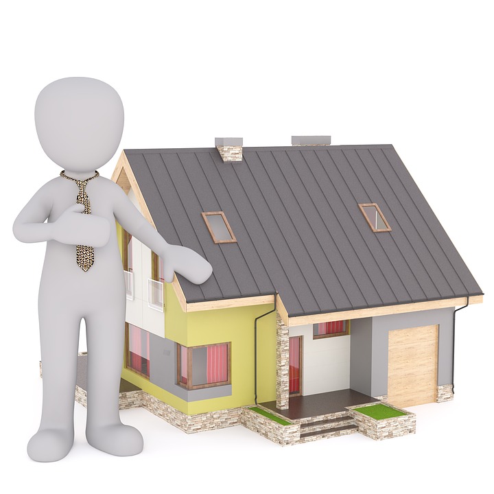 petit bonhomme en icone présentant maison en construction, projet maison autonome, passive, positive