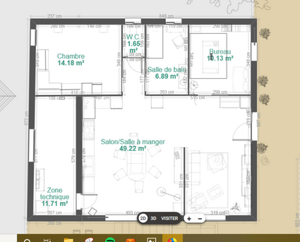 plan maison autonome de 82m², avec une grande pièce à vivre, un bureau, une salle d'eau, un WC séparé, local technique, cuisine aménagée, salon, salle à manger, aux normes feng-shui, maison en auto-consommation, chambre dressing