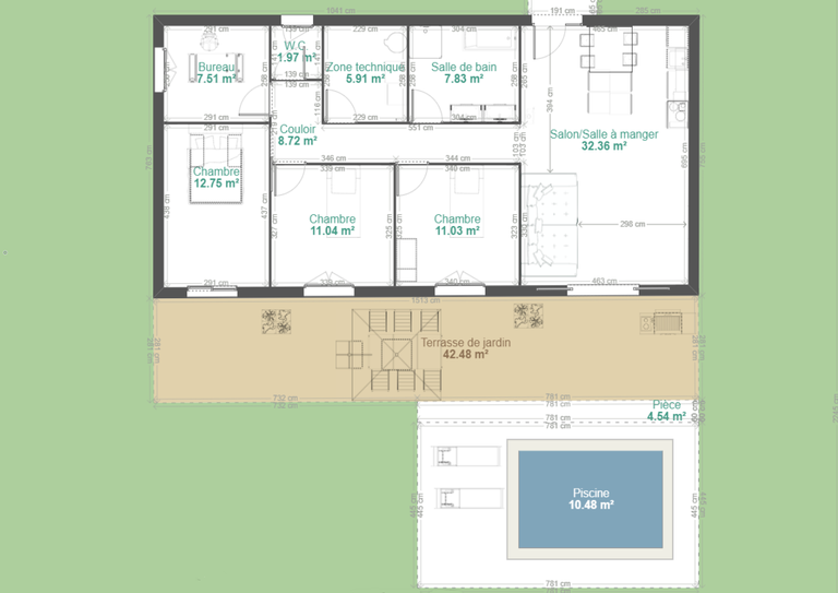 maison autonome, positive, passive, piscine, terrasse, cuisine ouverte sur salon, salle à manger, deux chambres, bureau, local technique, suite parentale, mesures des pièces