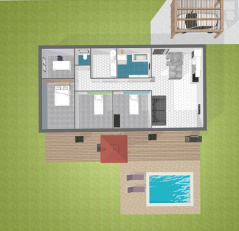 plan de maison d'architecte, autonome, prix constructeur, trois chambres, grande pièce à vivre, local technique, salle de bain, WC séparé, bureau, piscine, terrasse