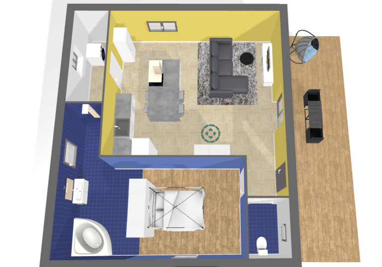 plan de maison autonome de 61m², chambre avec salle de bain, baignoire et douche italienne, dressing servant tête de lit, cuisine ouverte sur salon et salle à manger, local technique, WC séparé, couleurs Feng-Shui