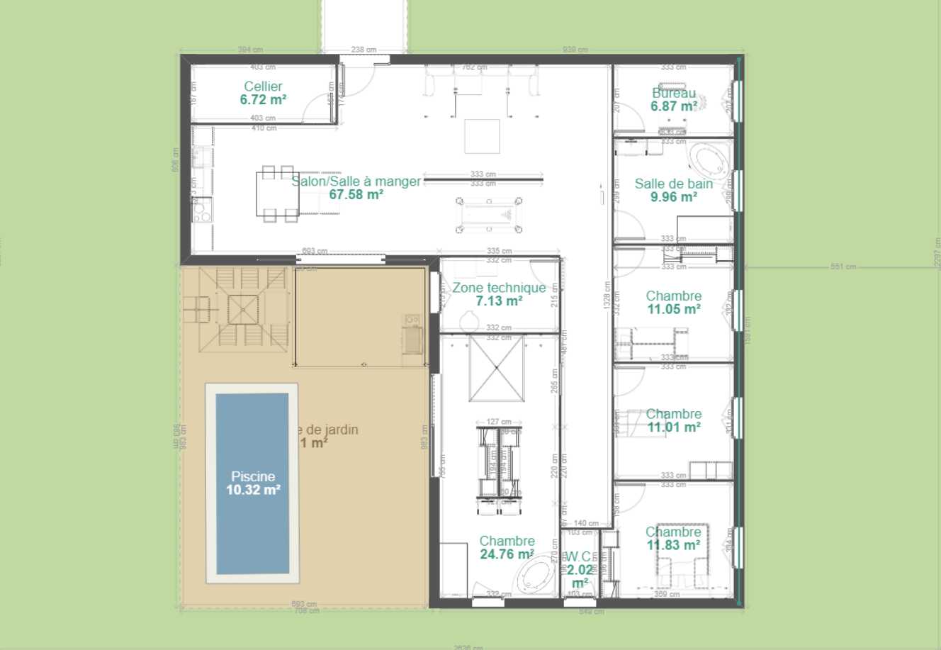 maison en auto consommation, positive, autonome, panneaux solaires thermiques, panneaux solaires photovoltaïques, disposition des pièces, surface des pièces, construire votre projet, piscine, terrasse