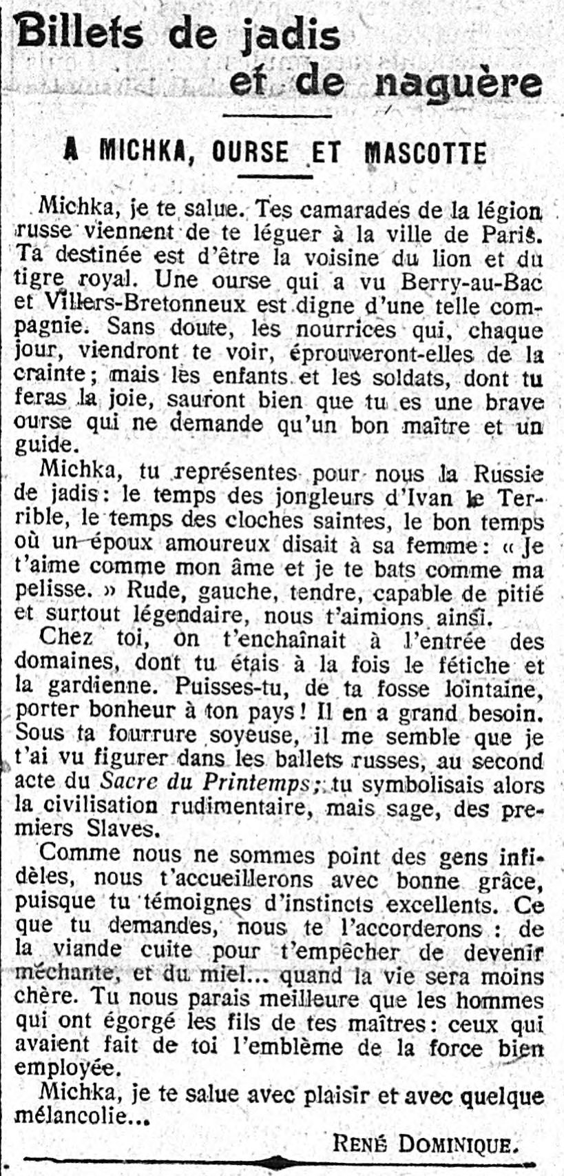 MICHKA Le Gaulois 30 janvier 1919 BeauTexte