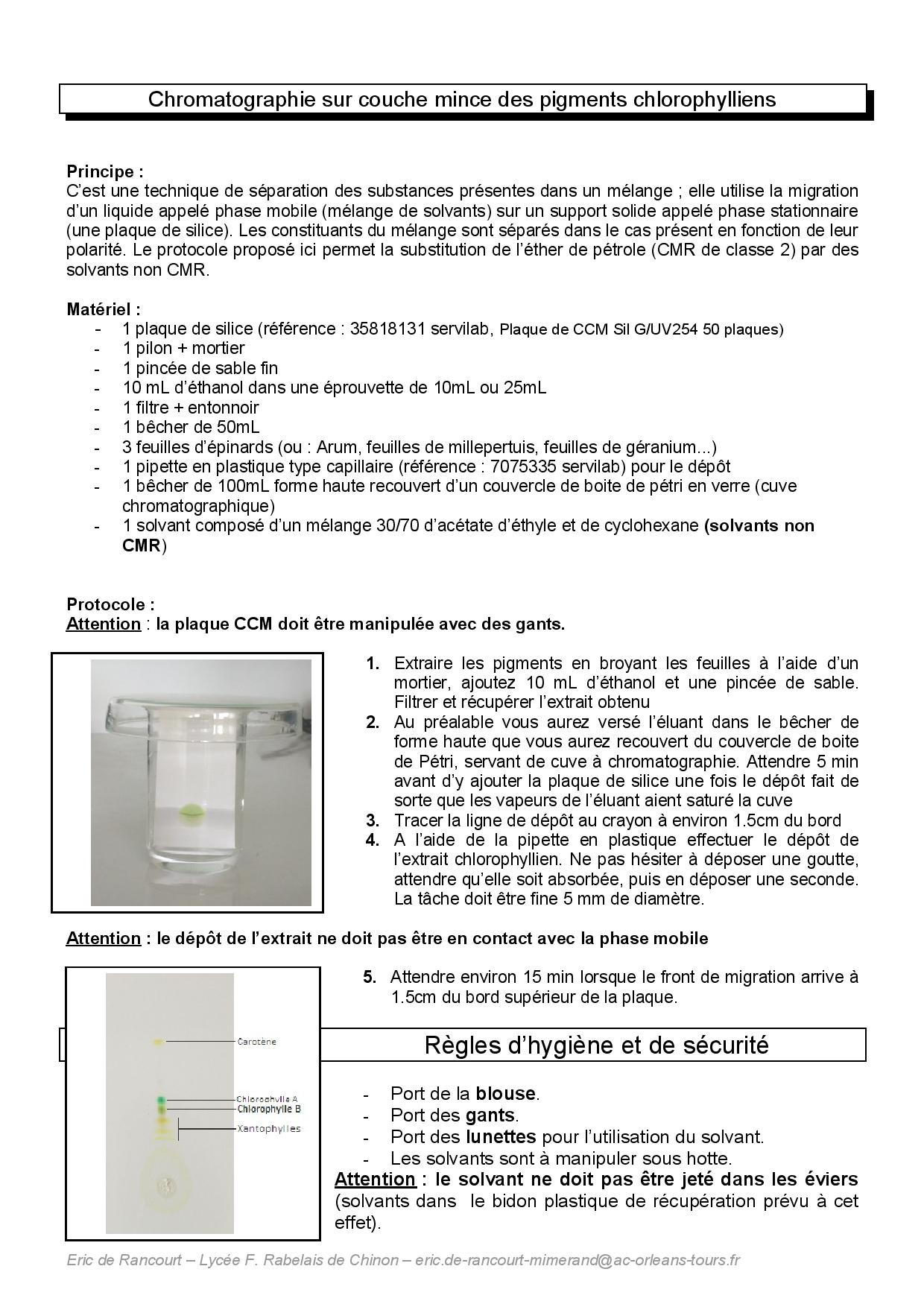 Chromatographie des pigments chlorophylliens substitution ether de petrole 1 page 001