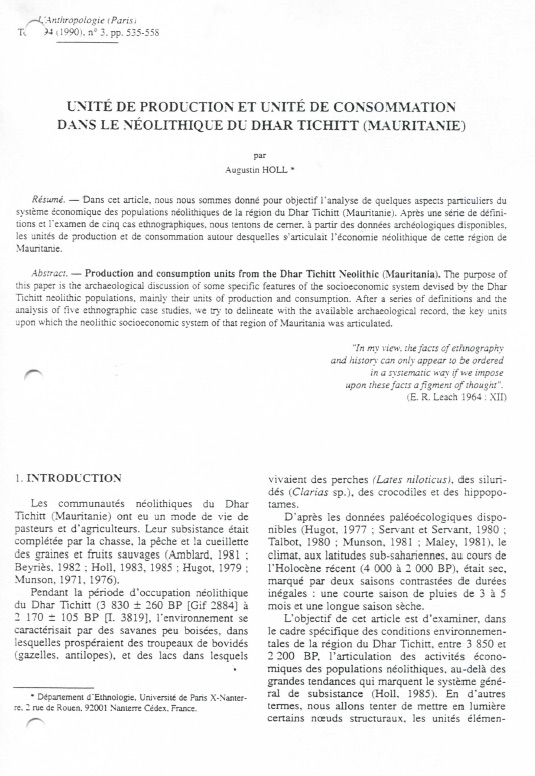 Unite de production et unite de consomation dans le ne olithique du darh Tichitt