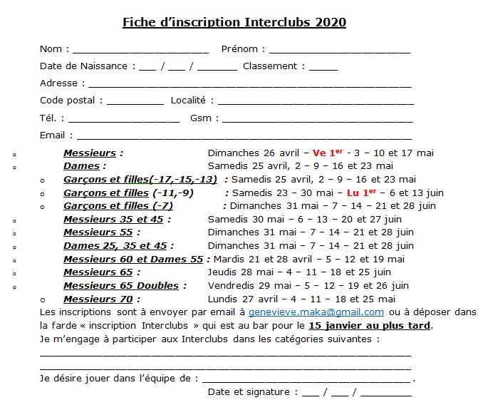 Fiche inscription interclubs