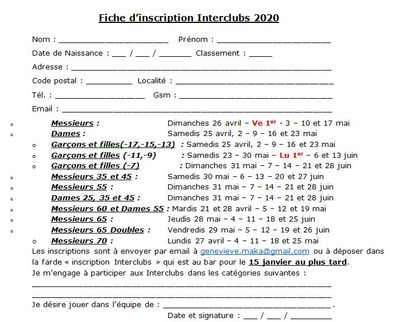 Fiche inscription interclubs