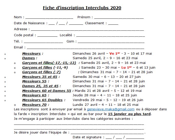 Fiche inscription interclubs