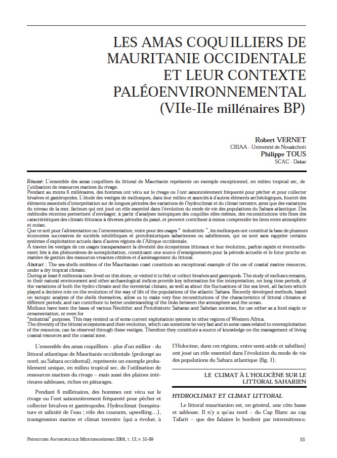 Les amas coquilliers de Mauritanie occidentale et leur contexte pale oenvironnemental couv