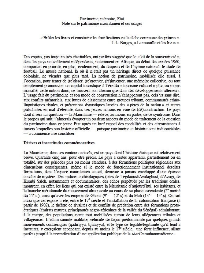 Patrimoine me moire Etat Note sur le patrimoine mauritanien et ses usages