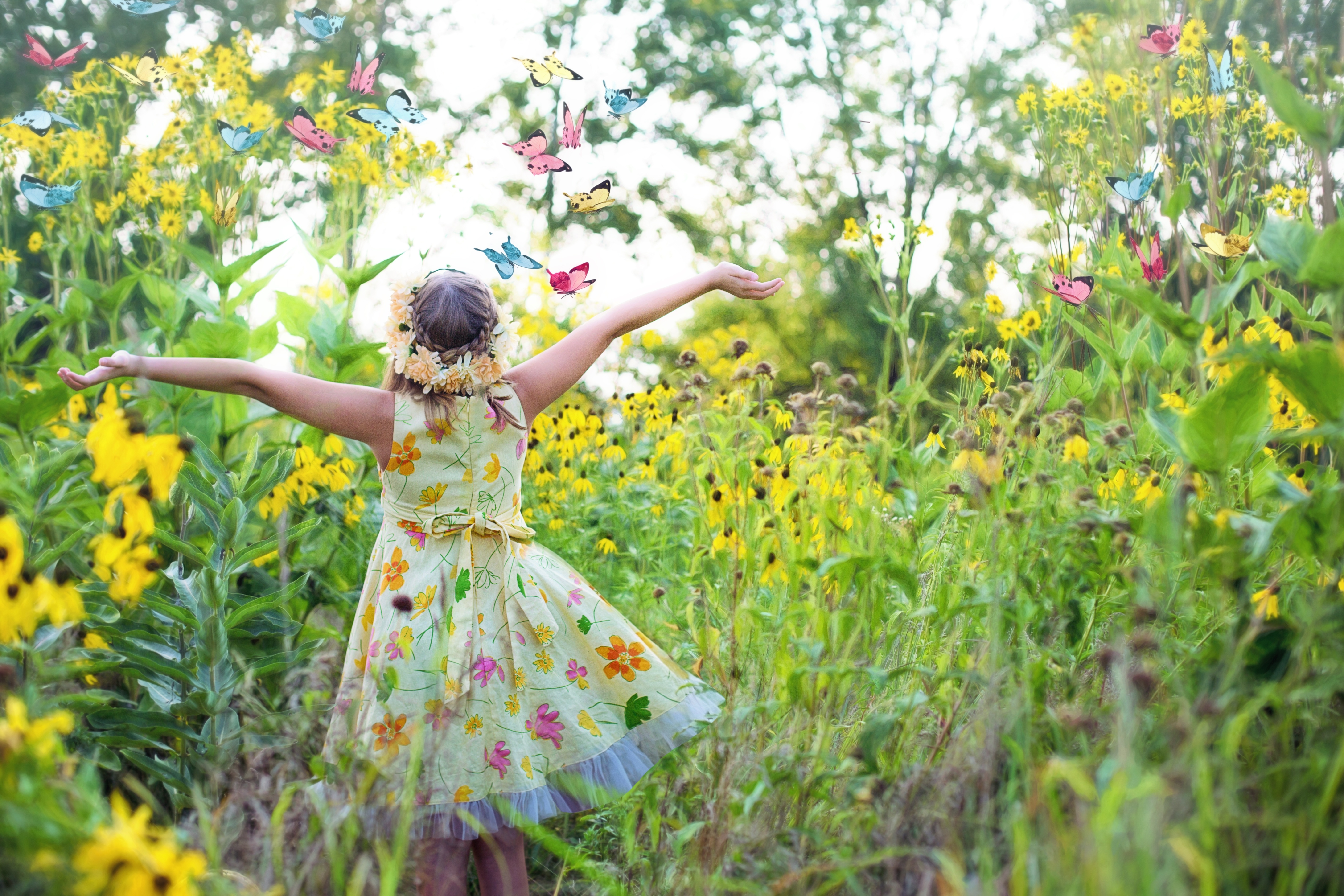 Fille papillon fleurs nature