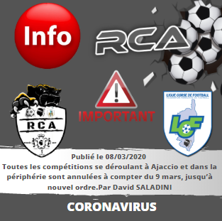 Publie le 08 03 2020Toutes les competitions se deroulant a Ajaccio et dans la peripherie sont annulees a compter du 9 mars jusqu a nouvel ordre Par David SALADINI