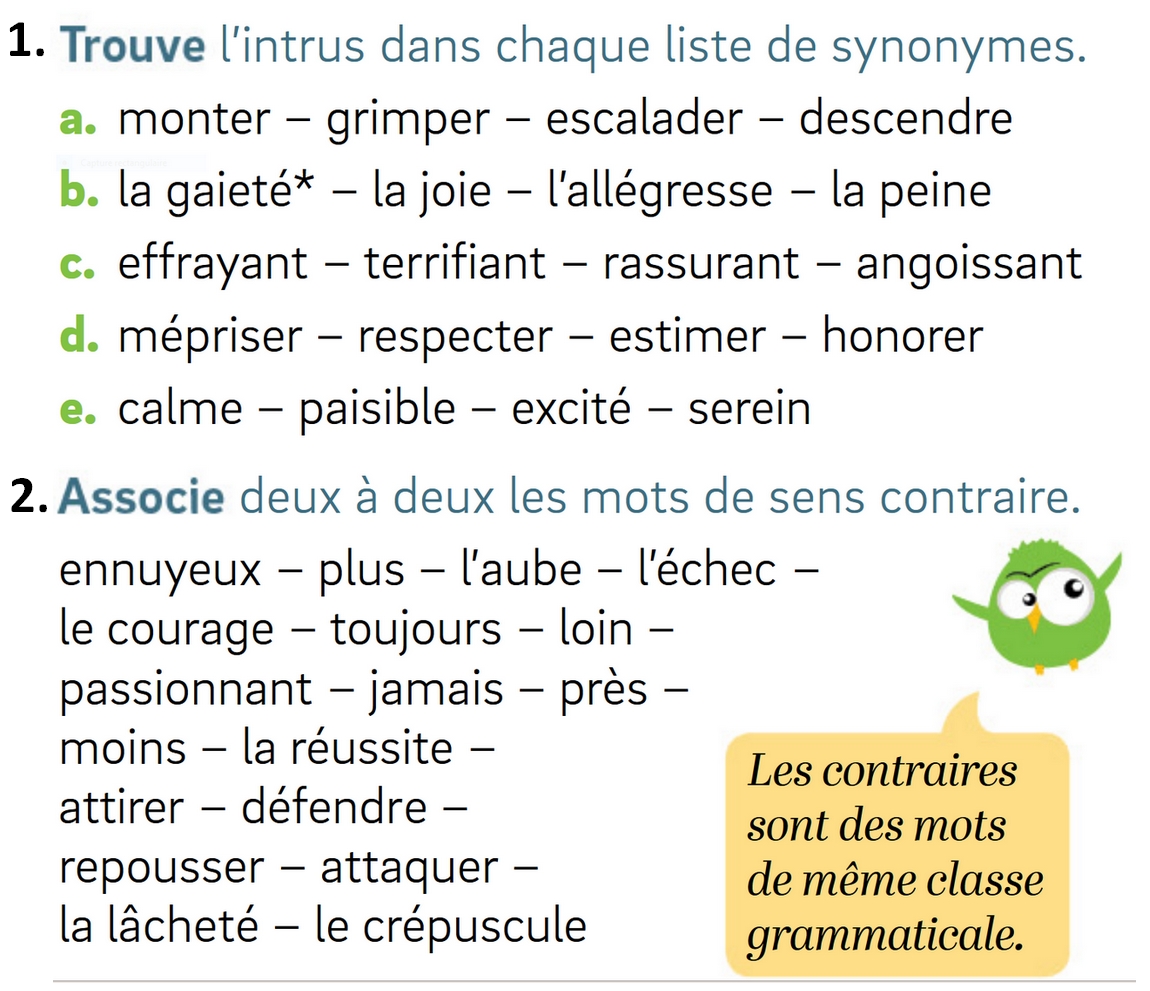 Contraires et synonymes exercices