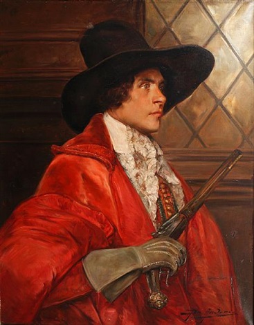 Alex de andreis portrait of a cavalier by a leaded glass window