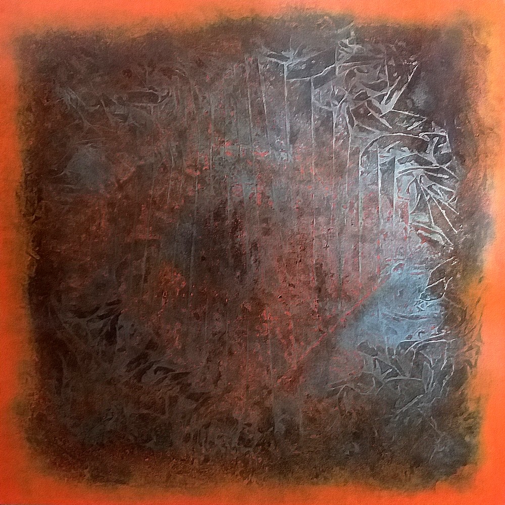 Oeuvre losange fond orange 100 x 100 cm mai 2020