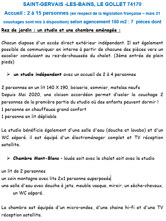 2020 05 29 description rez de jardin du chalet studio et chambre mont blanc 