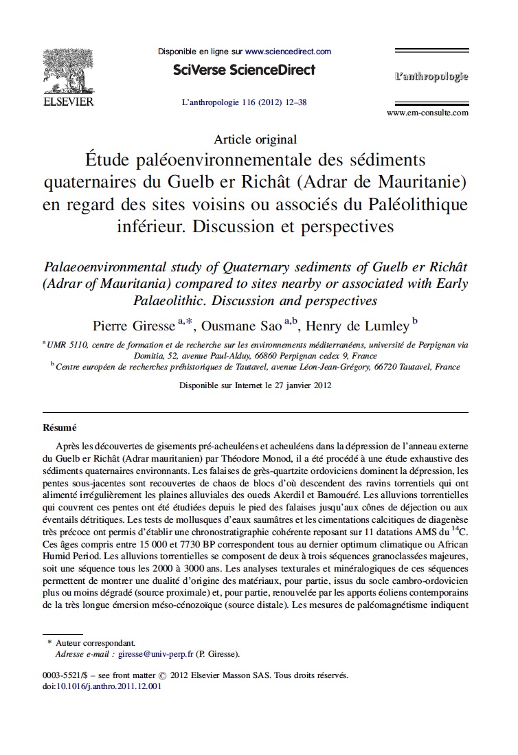 E tude pale oenvironnementale des se diments quaternaires du Guelb er Richa t Adrar de Mauritanie en regard des sites voisins ou associe s du Pale olithique infe rieur Discussion et perspectives