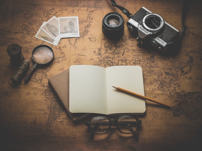 Photo-carte-ancienne-avec-carnet-et-appareil-photo